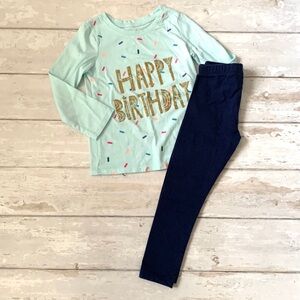Girls 4T Outfit Happy Birthday Shirt Cat & Jack Navy Blue Leggings Long Sleeve 4